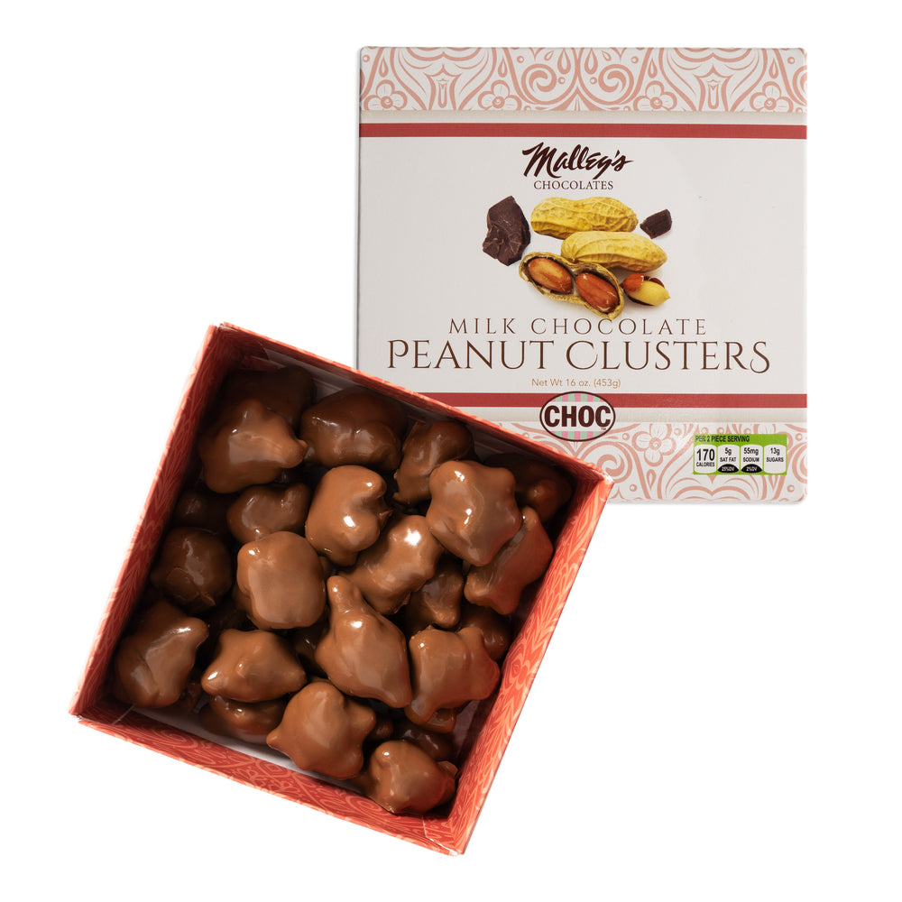Milk chocolate peanut clusters in box white background