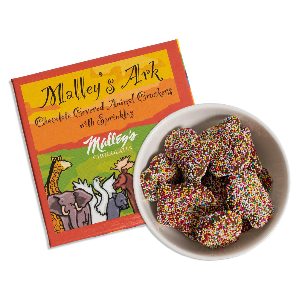 Malley's Ark animal cookies dipped milk chocolate with sprinkles in box white background