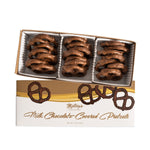 Milk chocolate-covered pretzels in box white background
