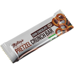 Dark chocolate pretzel bar on white background