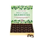 dark chocolate mint shamrocks in box white background